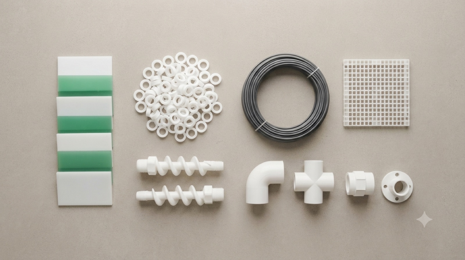 Flat lay of Jinhaofeng PP components: sheet samples, pall rings, nozzles, welding rod and fittings