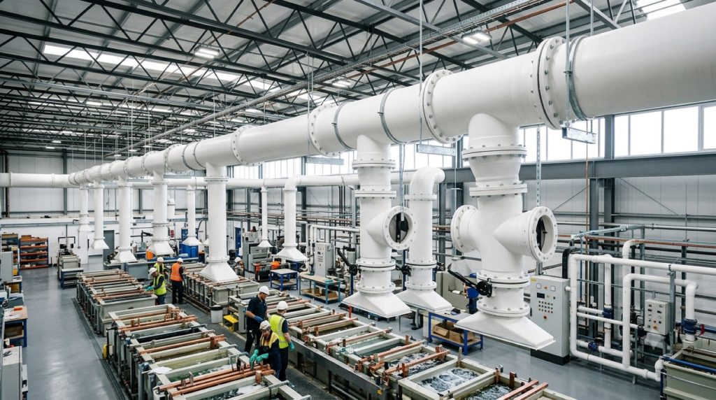 PP exhaust ducts installed in a workshop