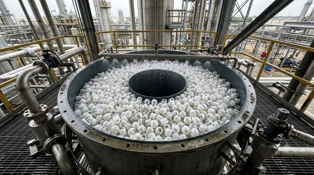 Packed bed of PP pall rings inside a scrubber tower