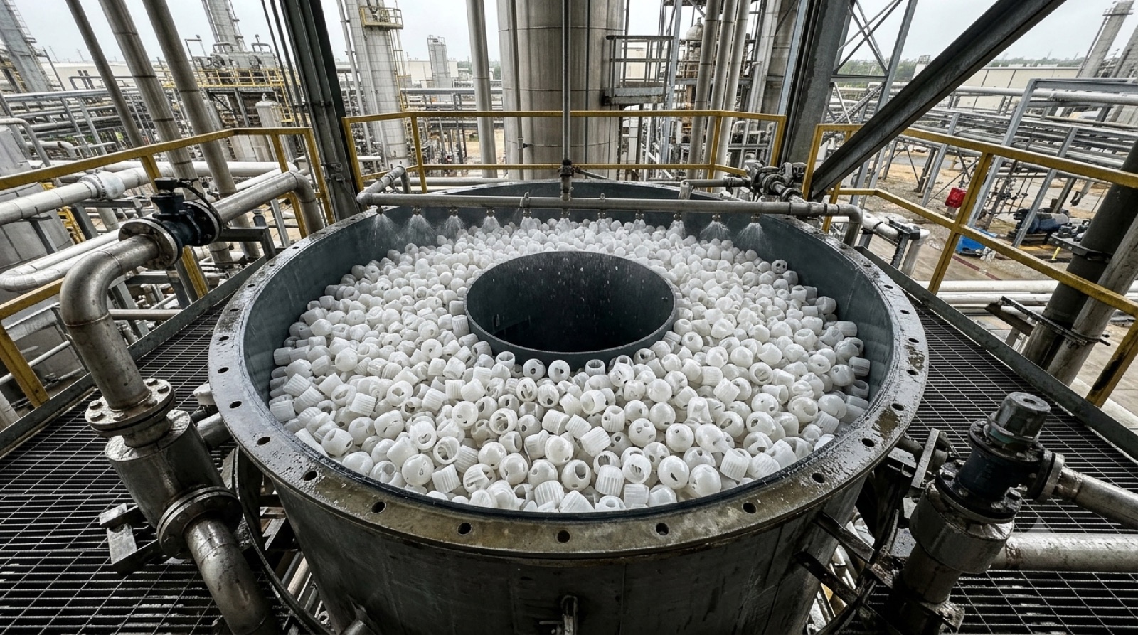Packed bed of PP pall rings inside a scrubber tower